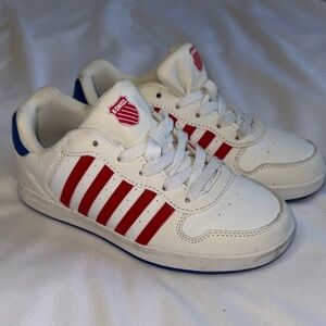 K-Swiss Kids White Sneakers with Red Stripes and Blue Accents
